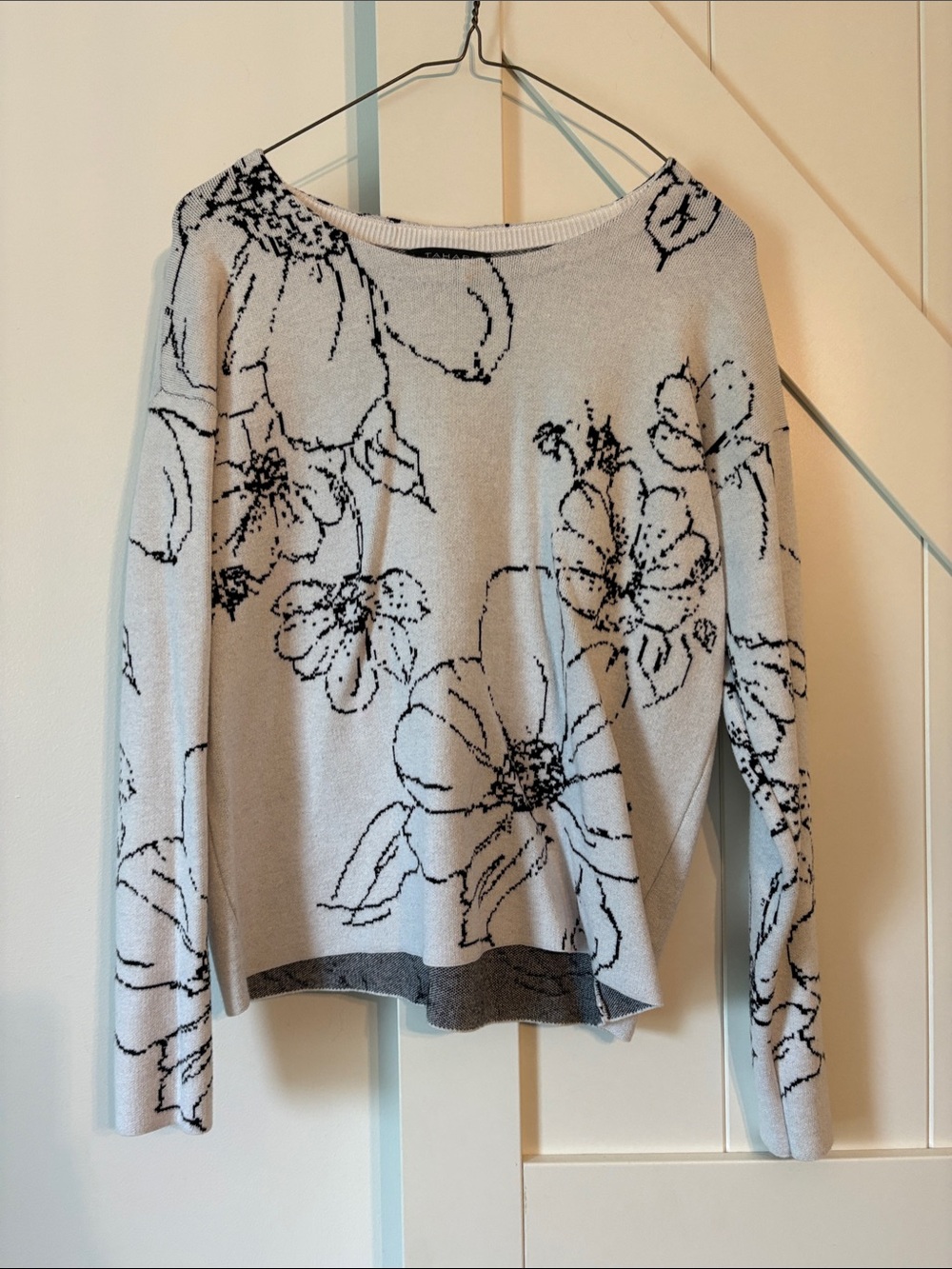 Tahari Grey and Black Floral Crewneck Sweater